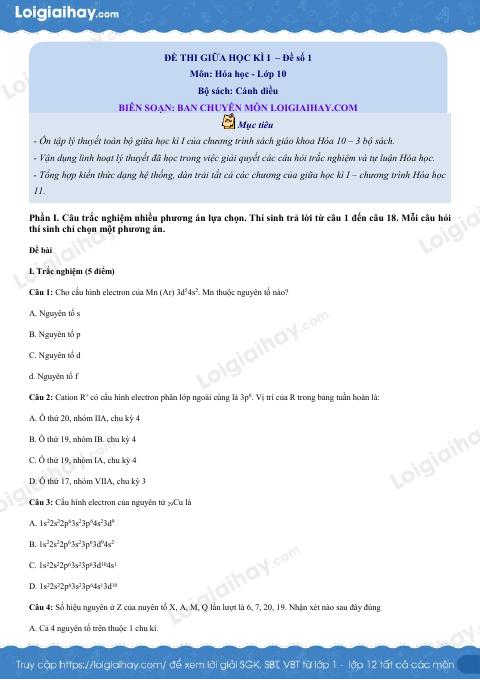 Đề thi giữa kì 1 Hóa 10 Cánh diều - Đề số 1